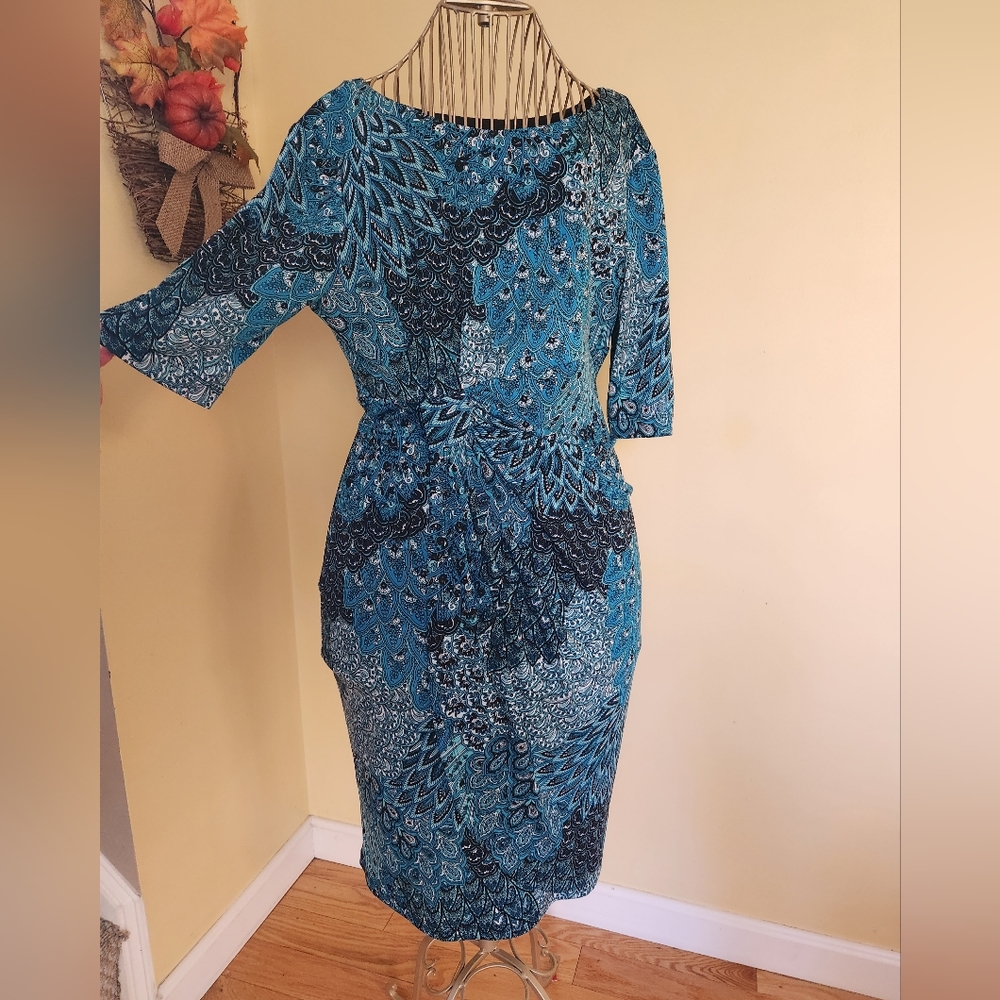 Blue green Peacock 3/4 length sleeve wrap dress